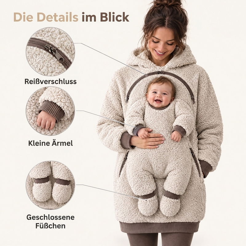 Details des cremefarbenen Kuschelmini-Hoodies: Reißverschluss, kleine Ärmel und geschlossene Füßchen.