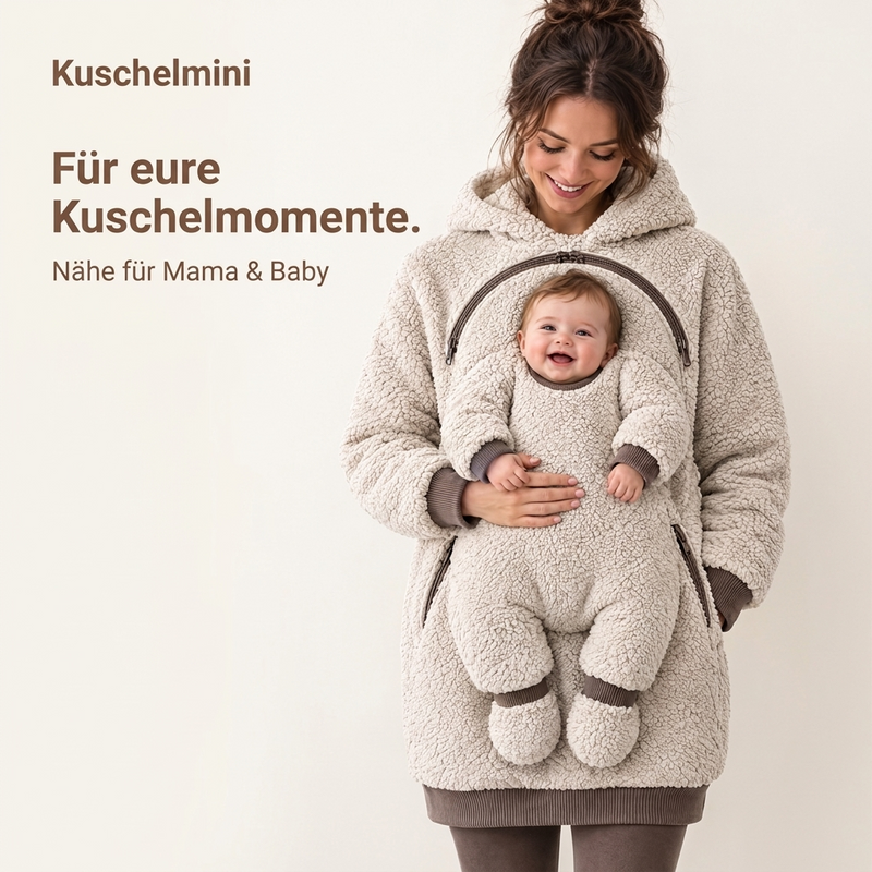 Mama und Baby im cremefarbenen Kuschelmini-Hoodie. Text: Für eure Kuschelmomente – Nähe für Mama & Baby.