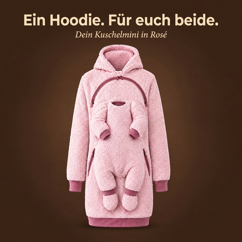 Roséfarbener Kuschelmini-Hoodie mit integriertem Babybereich. Text: Ein Hoodie. Für euch beide.